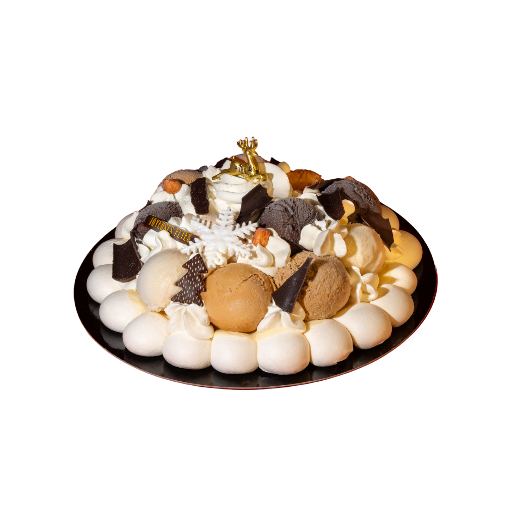 Composition glacée à base de glaces, meringue et chantilly 2 boules par personne 4/6 : 12 boules et 8/10 : 20 boules Allergenes : lactose, fruits a coques