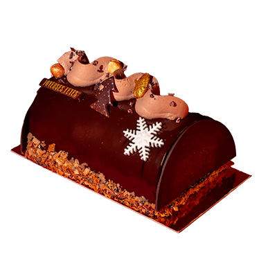 Mousse chocolat noir 73%, crémeux noisette  du Piémont, croustillant praliné maison et biscuit sachet chocolat aux éclats de noisette Allergènes: gluten lactose, fruits à coque