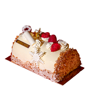 Mousse vanille de Madagascar, crémeux framboise, compotée de framboise aux zestes de citron vert, biscuit aux éclats d'amande et de framboises Allergènes : gluten, lactose, fruits à coque